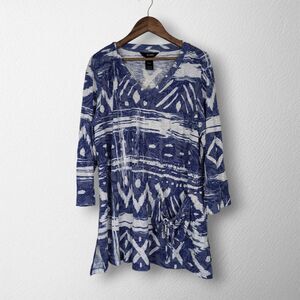 Ali Miles Womens Blue White Artsy Pocket V-Neck Knit Tunic Top Size XL